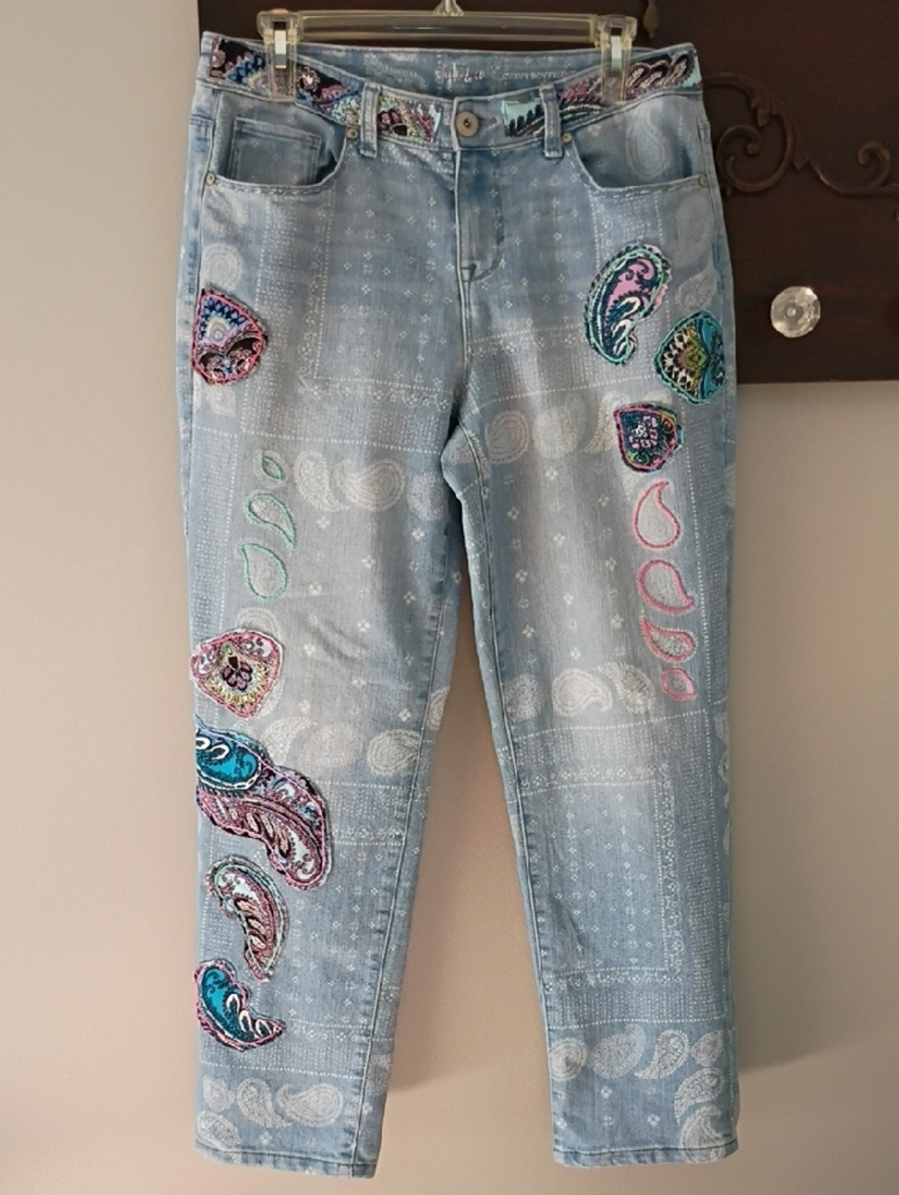 Style & Co. Light Blue Straight Leg Embellished Jeans with Paisley Embroidery